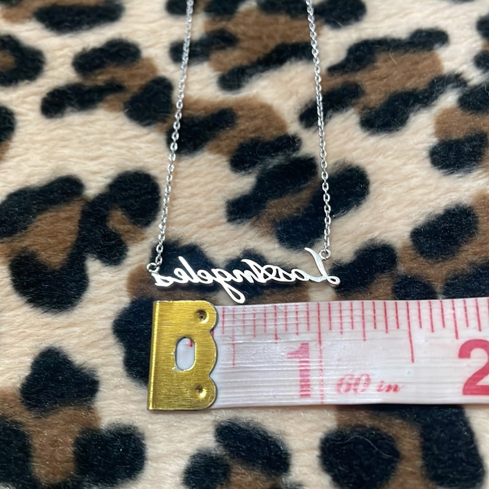 LOS ANGELES Script Pendant Necklace Silver Plated Brass Metal California Jewelry - Picture 9 of 10